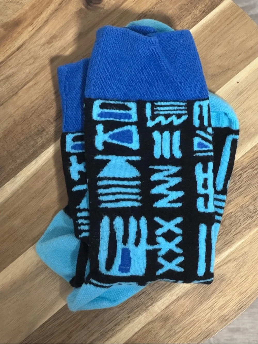 OSFM Afropop Tribal Graphic Crew Socks Blue & Black Geometric Print Unisex